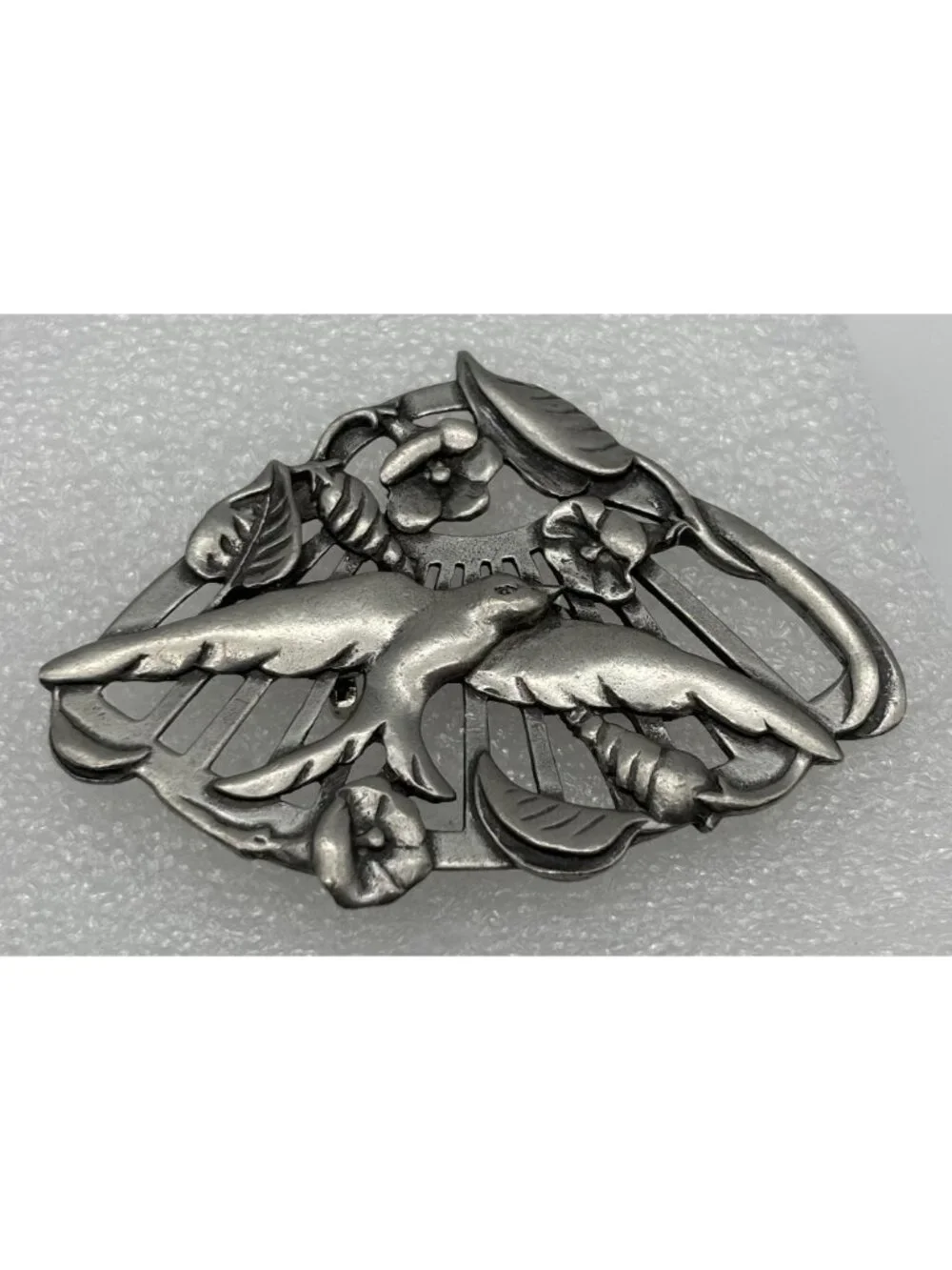 Vintage Bird in Flight Floral Fan Brooch Seagull Pewter Canada Late 1980s Signed